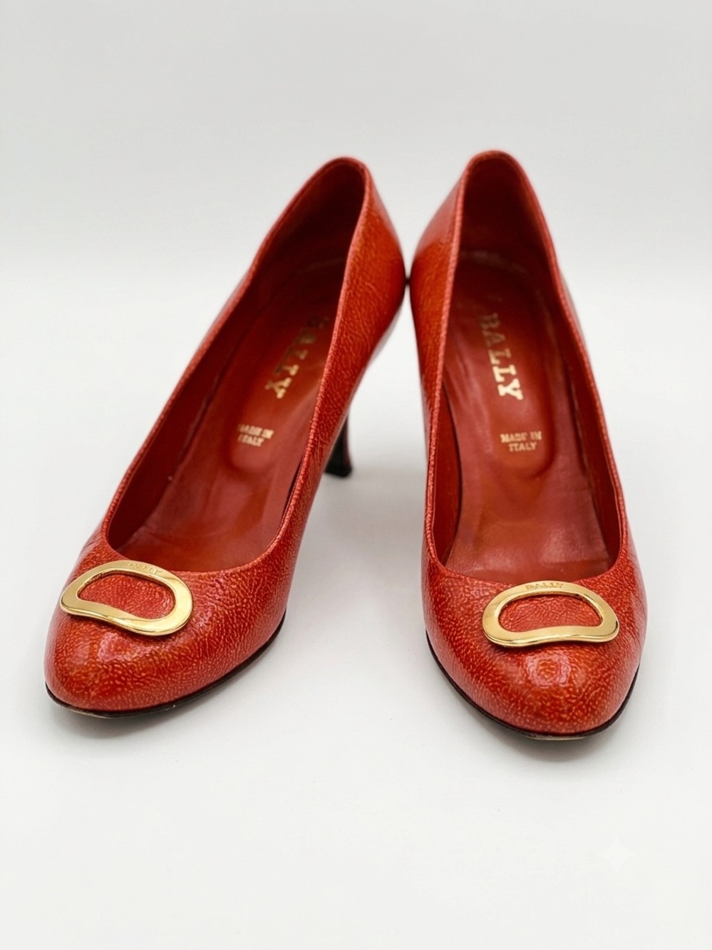 Bally Women’s Red Leather Gold Buckle Pumps Made in Italy Size 37 (US 6.5 - 7)